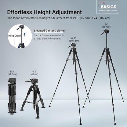 NEEWER Basics Camera Tripod, 74" Tripod with Cell Phone Holder Mount Compatible with iPhone for Video Recording, Professional Aluminum Lightweight Portable Travel Stand with 3 Way Pan Tilt Head, TP56