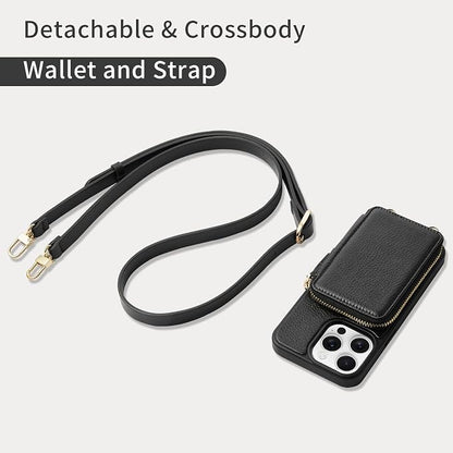 ZVE for iPhone 14 Pro Max Wallet Case Crossbody, Card Holder Zipper Phone Cover for Women RFID Blocking Wrist Strap for iPhone 14 Pro Max, 6.7 inch, 2022- Black