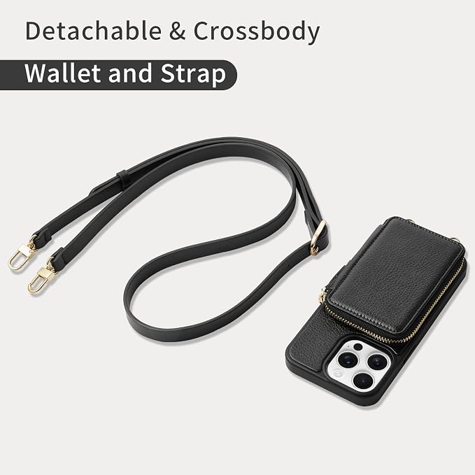ZVE for iPhone 14 Pro Wallet Case, Card Holder Zipper Crossbody Phone Case with Wrist Strap, RFID Blocking Leather Purse for Women Compatible with iPhone 14 Pro, 6.1 inch, 2022-Black