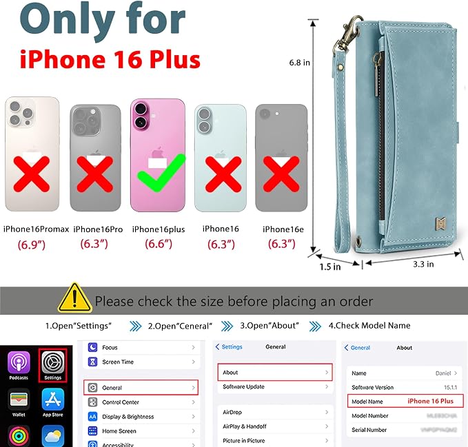Wallet Case for iPhone 16 Plus with Card Holder/Crossbody Wallet/Strap| RFID Blocking | Magnetic | Kickstand | Detachable | PU Leather Phone Case for iPhone 16 Plus,6.7 in,Blue