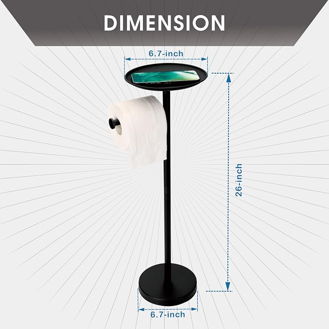 Toilet Paper Holder Stand with Shelf on Top, Black TP Roll Holder Floor Standing, Sturdy Base (Black)