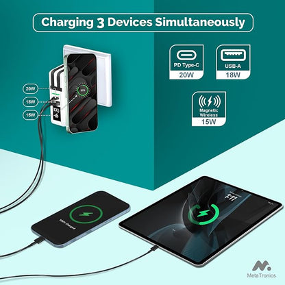 5-in-1 Travel Power Bank with Wall Plug — 10000mAh MagSafe Wireless Portable Charger with Built-in USB-C & Lightning Cables + Universal International Travel Adapter (US/Asia/Europe/Asia) | 5-in-1 Charger with USB-C, Global Travel Adapter, Built-In Char...