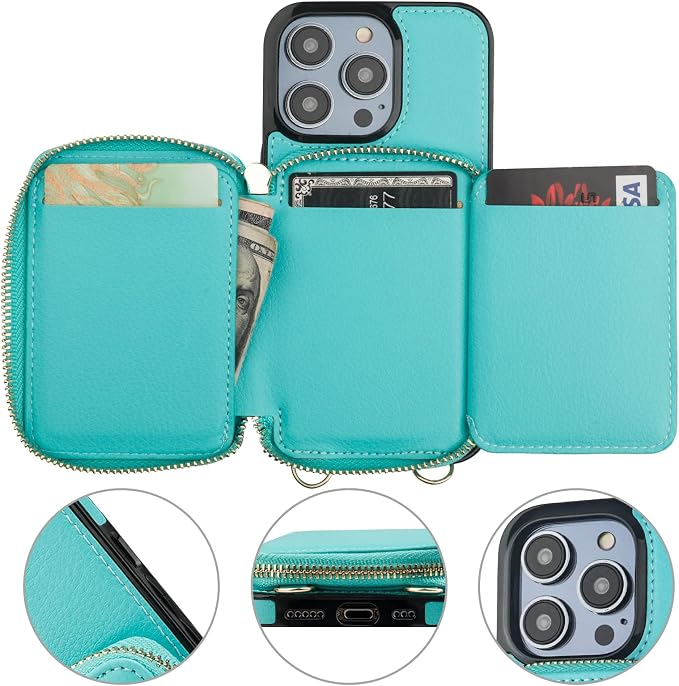 Bocasal RFID Blocking Wallet Case for iPhone 14 Pro, Adjustable Crossbody Zipper Purse Case Card Holder with Kickstand Detachable Wrist Strap, PU Leather Flip Folio Case 6.1 Inch 5G (Mint Green)
