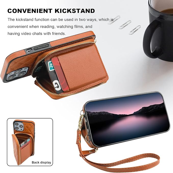 Bocasal Crossbody Wallet Case for iPhone 14 Pro Max, RFID Blocking PU Leather Zipper Handbag Purse Flip Cover, Kickstand Folio Case with Card Slots Holder Wrist Strap Lanyard 5G 6.7 Inch (Brown)