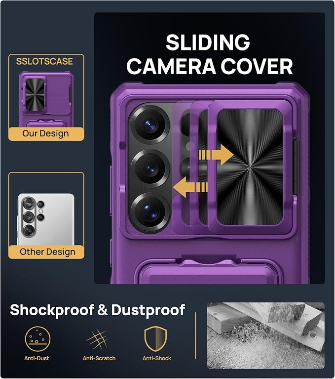 SSLOTSCASE for Samsung Galaxy S25 Ultra Case with 2X Screen Protector, Card Holder & Lens Cover & Hidden Kickstand, Silicone Edge Durable Protective Wallet Cover for Galaxy S25 Ultra, Dark Purple