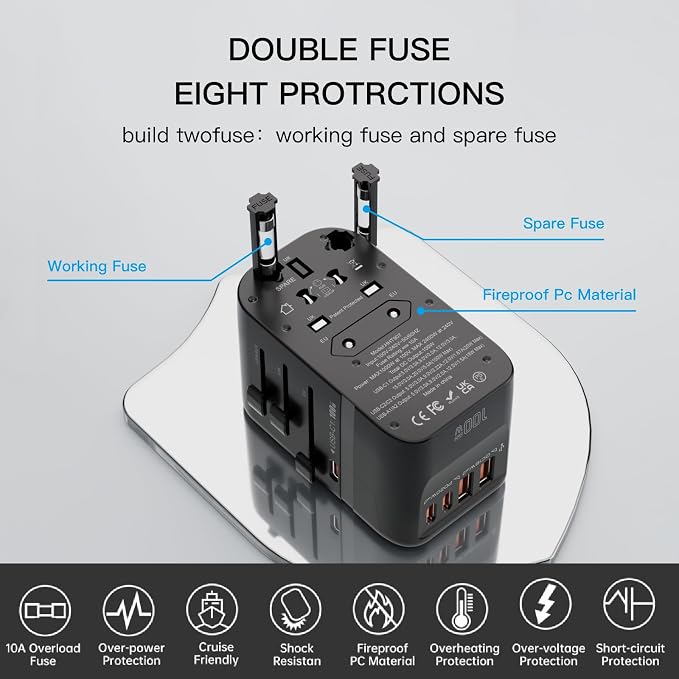 HAPOW Universal Travel Adapter, PD100W International Power Adapter,3 USB-C & 2 USB-A Fast Charging Travel Charger, All in One Worldwide Travel Plug Adapter, Outlet Adapter for EU UK USA AU, Black