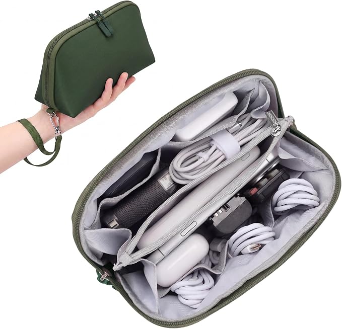 FYY Travel Cable Organizer - 8 Compartments, Lightweight, Water Repellent | With Wrist Strap, Portable Tech Pouch for Cord Charger, Travel and Business Trips Use, Soft Shell Nylon, Green (Medium)