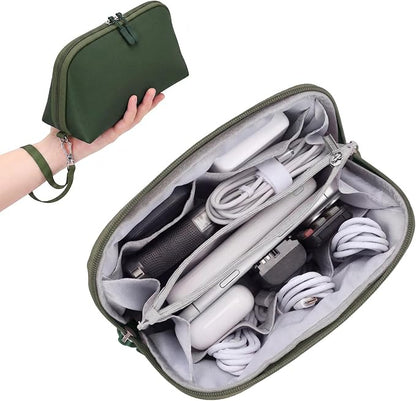 FYY Travel Cable Organizer - 8 Compartments, Lightweight, Water Repellent | With Wrist Strap, Portable Tech Pouch for Cord Charger, Travel and Business Trips Use, Soft Shell Nylon, Green (Medium)