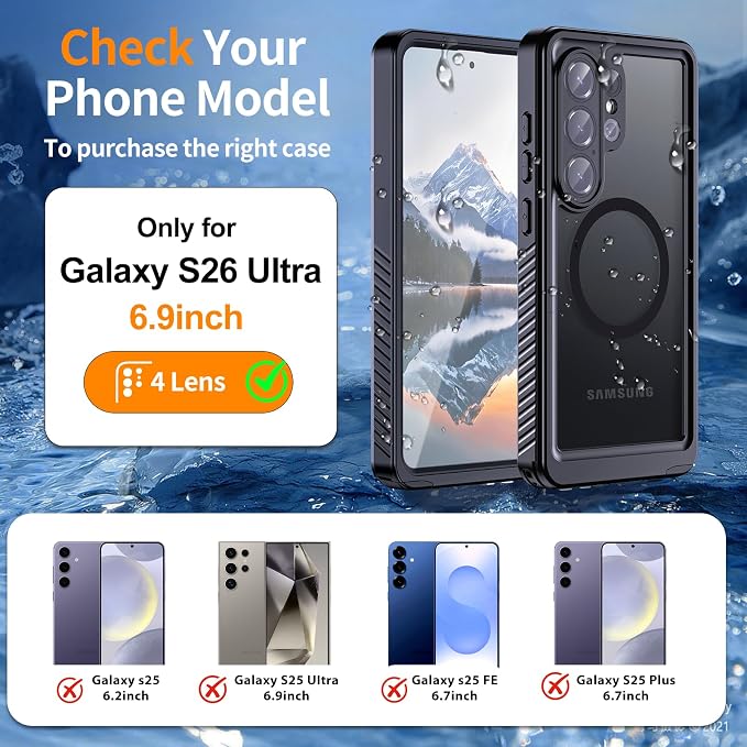 Hualele for Samsung Galaxy S26 Ultra Case Waterproof, Compatible with MagSafe, Built in Lens & Screen Protector Rugged Full Body Protection IP68 Underwater Cover Case for Galaxy S26 Ultra 5G Black