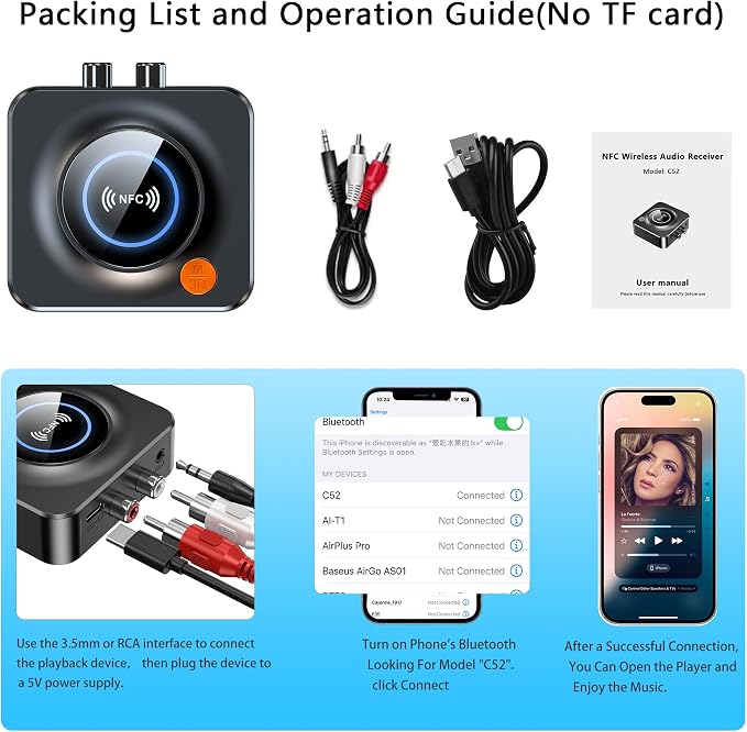 Bluetooth Receiver for Home Stereo, NFC Quick Pair,3.5mm AUX/RCA,TF Card Slot,Wireless Bluetooth Audio Adapter Low Latency for Home Music Streaming Stereo System