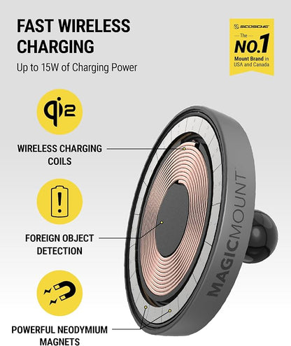 Scosche MPQMRDV MagicMount Charge Pro Qi2 MagSafe Car Mount Charger, 15W Fast Magnetic Wireless Charging Phone Holder for Dashboard/Vent Compatible with iPhone 16/15/14/13/12 Pro Max Plus, Samsung S25