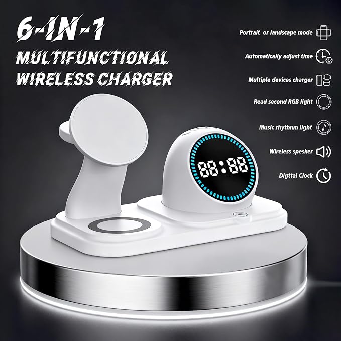 Wireless Charging Station with Clock,6-in-1 Charging Stand for Multiple Devices for iPhone 17 16 15 14 13 12 Pro Max, Apple Watch, Airpods, Bluetooth Speaker + RGB Light