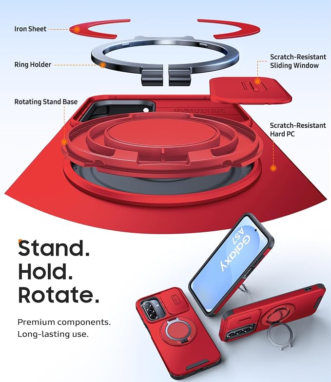JAME for Samsung Galaxy A57 5G Case, Ring Holder Stand Kickstand, Slide Camera Cover, 2 Screen Protectors, Dual-Layer Shockproof Protective, Magnetic Accessory Friendly Galaxy A57 Phone Case, Red