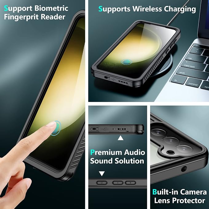 SPIDERCASE Designed for Samsung Galaxy S23 Plus Case Waterproof,Built-in Screen & Camera Lens Protector[IP68 Underwater][Military Grade Shockproof] Full Body Protection Phone Case, Black/Clear