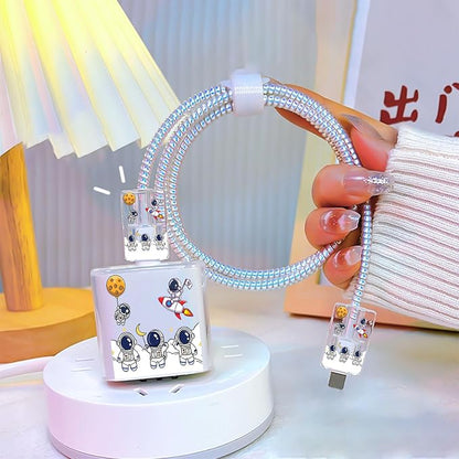 Cute DIY Phone Charger Case Storage Set with Cartoon Cable Protector with Carrying Cable Case Bag, Cord Organizer, USB Earphone Wire Saver Organizer Charger Protector for iPhone (Astronaut)