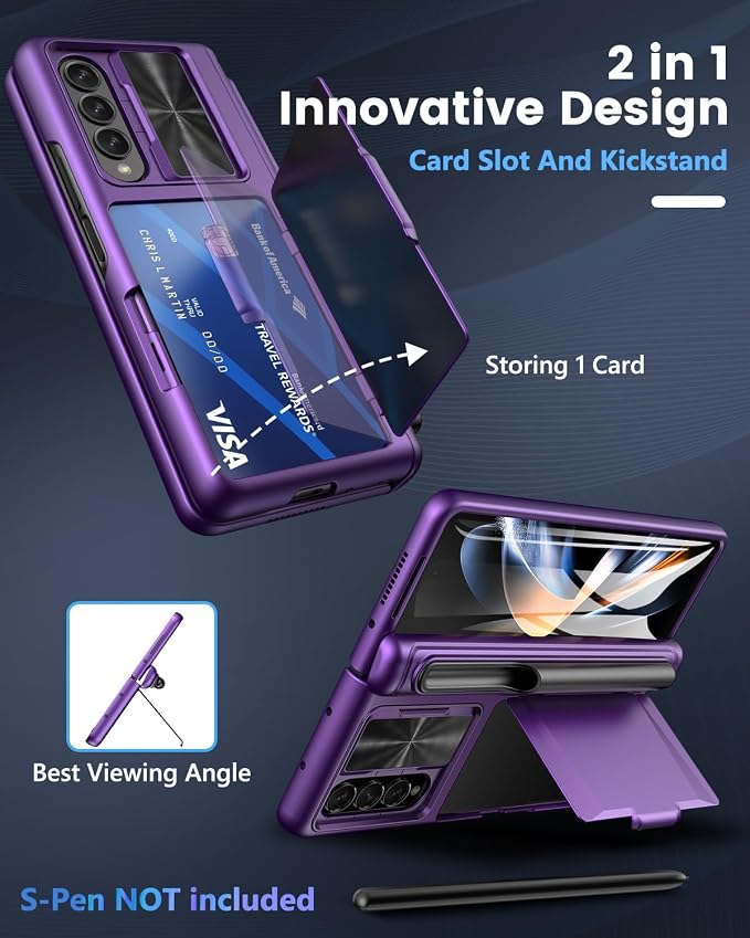 Viaotaily for Galaxy Z Fold 4 Case with Card Holder & S Pen Holder & Slide Lens Cover, Built-in Hinge Protection & Screen Protector, Durable Sturdy Phone Cover for Galaxy Z Fold 4, Dark Purple