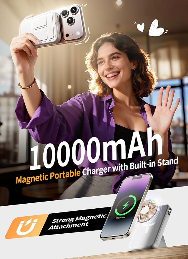Magnetic Portable Charger, 10000mAh Power Bank with Leather Foldable Stand - Travel Essentials, USB-C 20W Fast Charging for Magsafe Battery Pack, Compatible with iPhone 17/16/15 All Series
