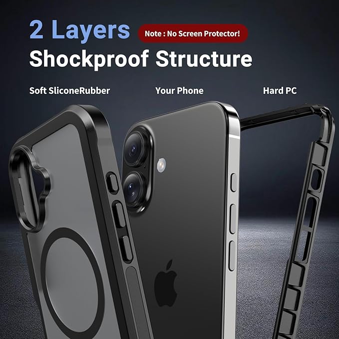 jaroco Magnetic for iPhone 16 Case, [Compatible with MagSafe][Military Grade Drop Protection][Heavy Duty Protection][Non-Slip][Shockproof] 2-Layer Durable Bumper Phone Case 6.1''-Black