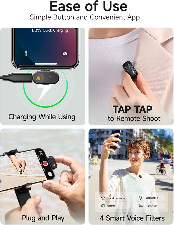 MAONO Wave T1 Mini Wireless Lavalier Microphone with USB-C Plug for iPhone 17 16 15 & Android, Clip on Lapel Mic, AI Noise Cancellation, Voice Filter for Video Recording Vlog Podcast TikTok YouTube