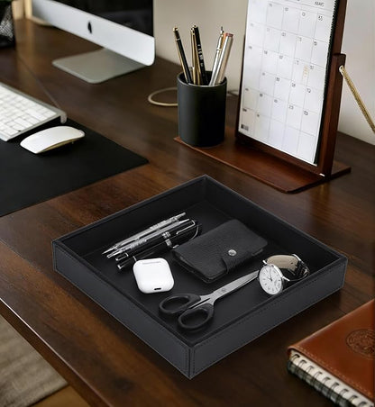 HofferRuffer Faux Leather Vanity Tray, Elegant Desktop Storage Organizer, Decorative Catchall for Perfume, Bathroom Valet, Nightstand or Dresser, 10 x 10 x 1.8 inches (Black)