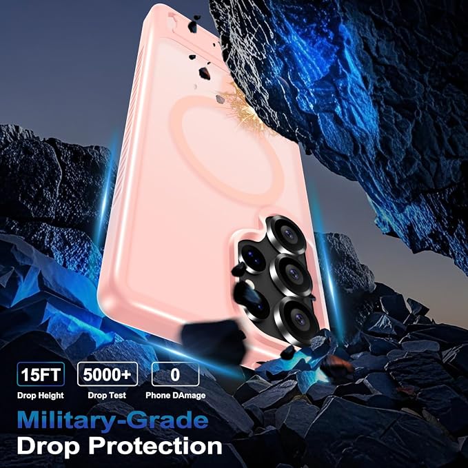 for Samsung Galaxy S25 Ultra Case with Screen Protector+Lanyard Wrist Strap,Magnetic Translucent Matte Rugged Slim Phone Cover Built in Invisible Kickstand [Fit for MagSafe],2025 Cute Pink