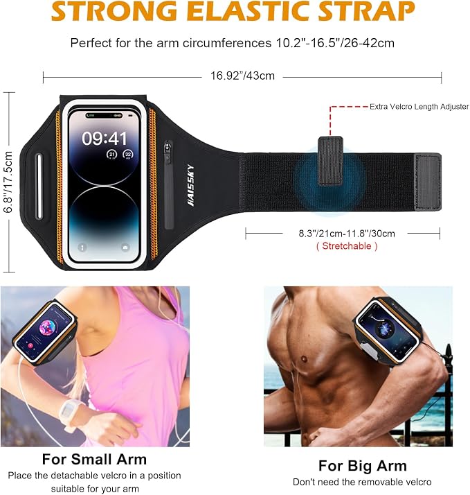 Running Armband with Earphone Bag Cell Phone Armband for iPhone 17 16 15 Pro 14 Plus 13 11 XR, Galaxy S24/S10 Water Resistant Sports Phone Holder Case & Zipper Slot Car Key Holder for 6.9 inch Phone