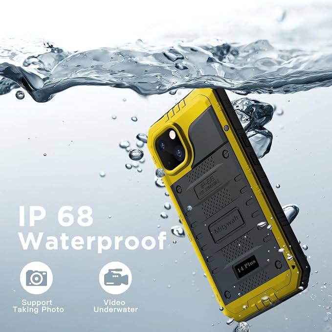 Mitywah Waterproof Case for iPhone 14 Plus, Heavy Duty Shockproof Case with Built-in Screen Protector, Full Body Underwater Protective Metal Case 6.7 inch, Yellow
