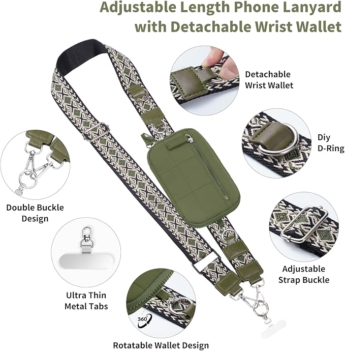 Tiostep Clip and Go Strap for Phone with Wallet Crossbody Phone Lanyard with Anti-Theft Zipper Pouch Detachable Quilted Wrist Wallet with RFID and ID Window for Daily and Travel Green Large