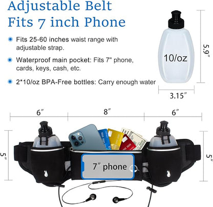 PYFK Running Belt with Water Bottles, Hydration Belt for Men and Women, Water Bottle Holder Running Pouch Water Belt, Fanny Pack Fits 7 inches Phones, Waist pack for Runner Jogging