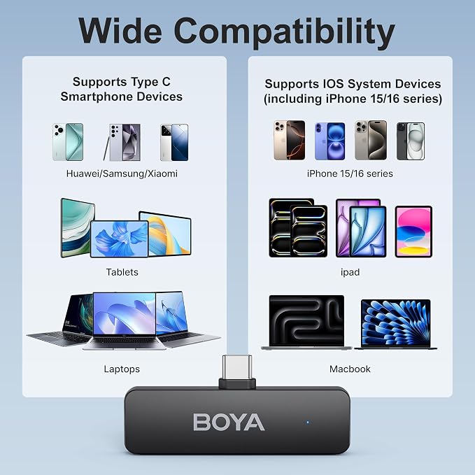 BOYA BY-V4U Wireless Lavalier Microphone for iPhone 15/16 Series Type C Smartphone with Charging Case, 4-Channel Mono Output, Omnidirectional Noise Cancelling Lapel Mic for Video Recording Podcast