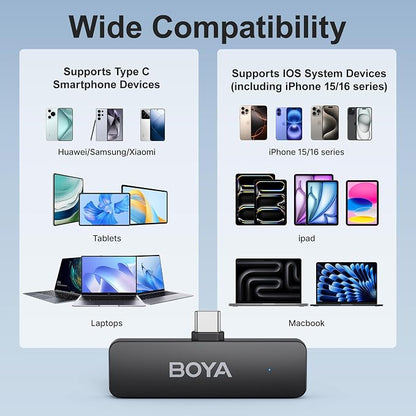 BOYA BY-V4U Wireless Lavalier Microphone for iPhone 15/16 Series Type C Smartphone with Charging Case, 4-Channel Mono Output, Omnidirectional Noise Cancelling Lapel Mic for Video Recording Podcast