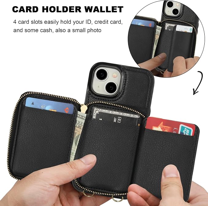 Bocasal RFID Blocking Wallet Case for iPhone 15, Adjustable Crossbody Zipper Purse Case Card Holder with Kickstand Detachable Wrist Strap, PU Leather Flip Folio Case 6.1 Inch 5G (Black)