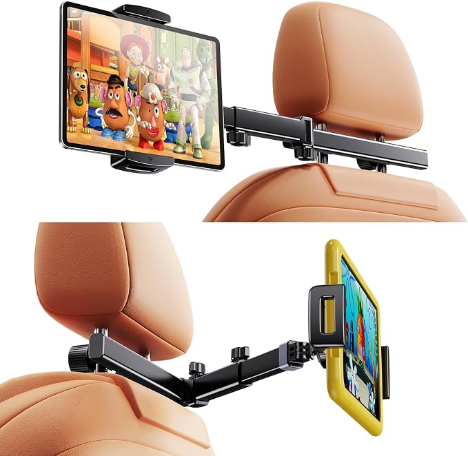 Car Tablet Headrest Holder,[3 in 1 Long Arm] iPad Car Mount for Back Seat,Car Accessories Backseat Road Trip Essentials for Kids Baby,For 4-12.9"Devices,iPad Pro,Air,Mini,Galaxy,Switch,Fire HD