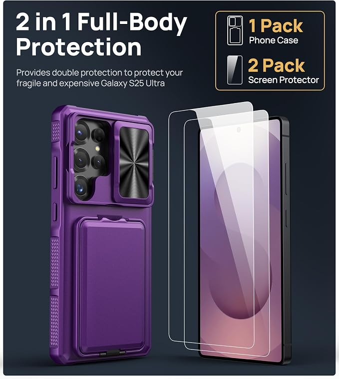 SSLOTSCASE for Samsung Galaxy S25 Ultra Case with 2X Screen Protector, Card Holder & Lens Cover & Hidden Kickstand, Silicone Edge Durable Protective Wallet Cover for Galaxy S25 Ultra, Dark Purple