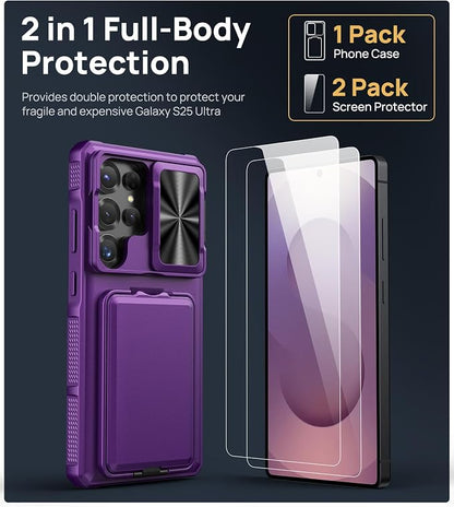 SSLOTSCASE for Samsung Galaxy S25 Ultra Case with 2X Screen Protector, Card Holder & Lens Cover & Hidden Kickstand, Silicone Edge Durable Protective Wallet Cover for Galaxy S25 Ultra, Dark Purple