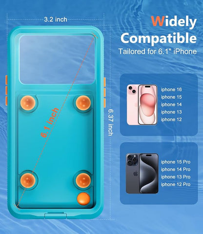 Underwater Phone Case for Snorkeling, [IP68 Waterproof] [Sensitive Inflated Touchscreen] [Precise Buttons], Only for 6.1" iPhone 16, 15/15 Pro, 14/14 Pro, 13/13 Pro, 12/12 Pro - Teal