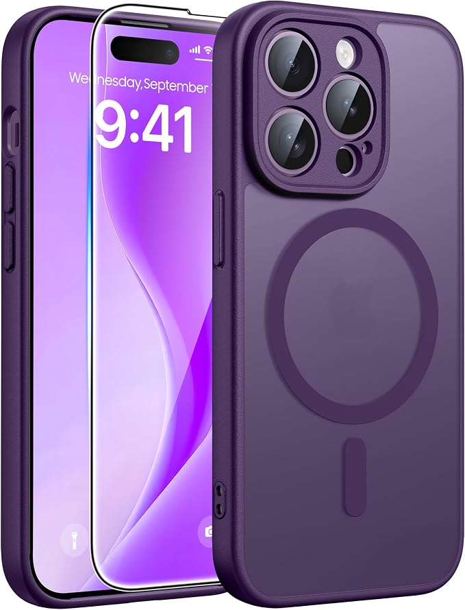 FNTCASE for iPhone 14 Pro Max Case: [Compatible with Magsafe] Translucent Matte Cases with [Full Camera Protection] [Screen Protector] Military Grade Shockproof Protective Phone Cover - Purple