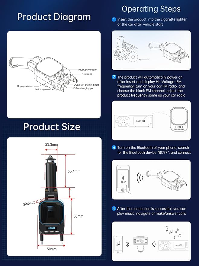 Retractable 96W Car Charger with Bluetooth 5.3 FM Transmitter for High Sound Quality, Easy Setup, 4-in-1 Fast Charging, Handsfree Calling, USB-C Adapter for iPhone 11-17