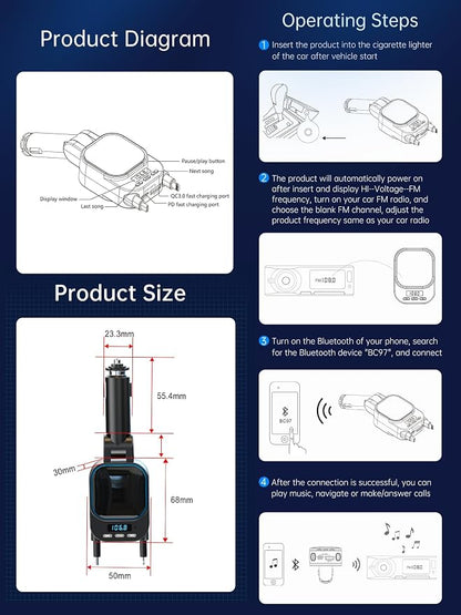 Retractable 96W Car Charger with Bluetooth 5.3 FM Transmitter for High Sound Quality, Easy Setup, 4-in-1 Fast Charging, Handsfree Calling, USB-C Adapter for iPhone 11-17