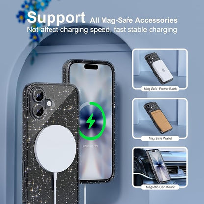 Choiche Magnetic for iPhone 17 Case Compatible with MagSafe, Women Cute Glitter Sparkly Phone Case with Diamond Camera Lens Protectors, Military-Grade Drop Protection 6.3" (Black)