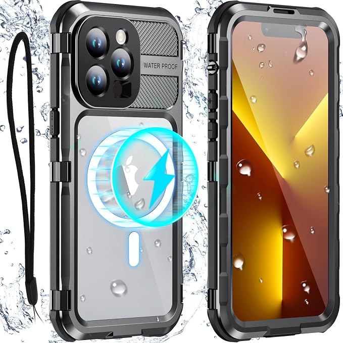 WIFORT for iPhone 13 Pro Max Waterproof Case, Metal Heavy Duty Phone Case Built-in Screen Protector IP68 Water Proof 15FT Military Grade Shockproof, Full Body Drop Protection Cover, 6.7" Black