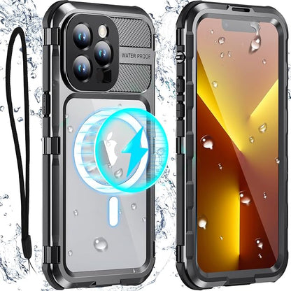 WIFORT for iPhone 13 Pro Max Waterproof Case, Metal Heavy Duty Phone Case Built-in Screen Protector IP68 Water Proof 15FT Military Grade Shockproof, Full Body Drop Protection Cover, 6.7" Black