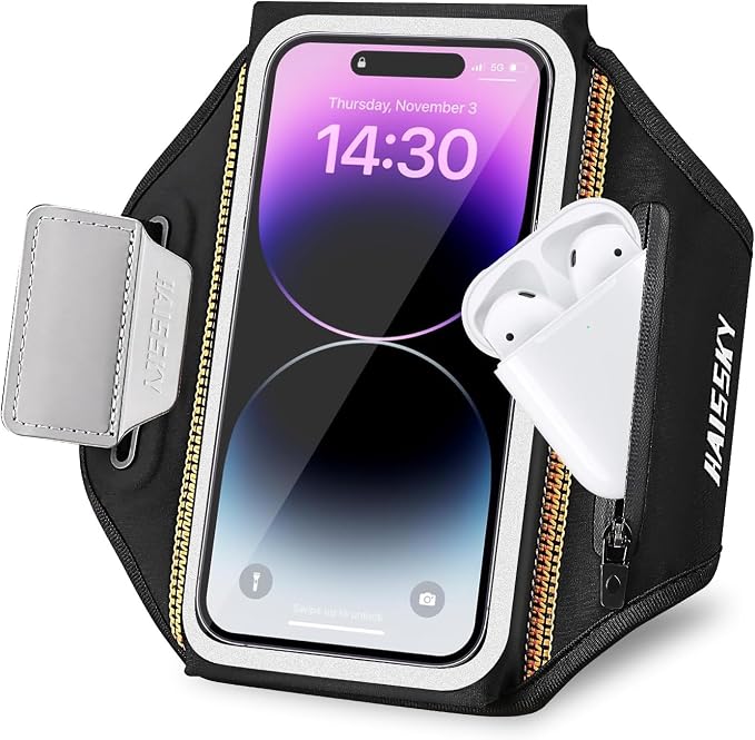 Phone Armband Holder for Running,3D Design Cell Phone Armband with Zipper Pocket for Earbuds Car Keys,Water Resistant Sport Running Arm Band for iPhone 16 15 14 13 12 11 Pro Max Fit Up to 6.9''