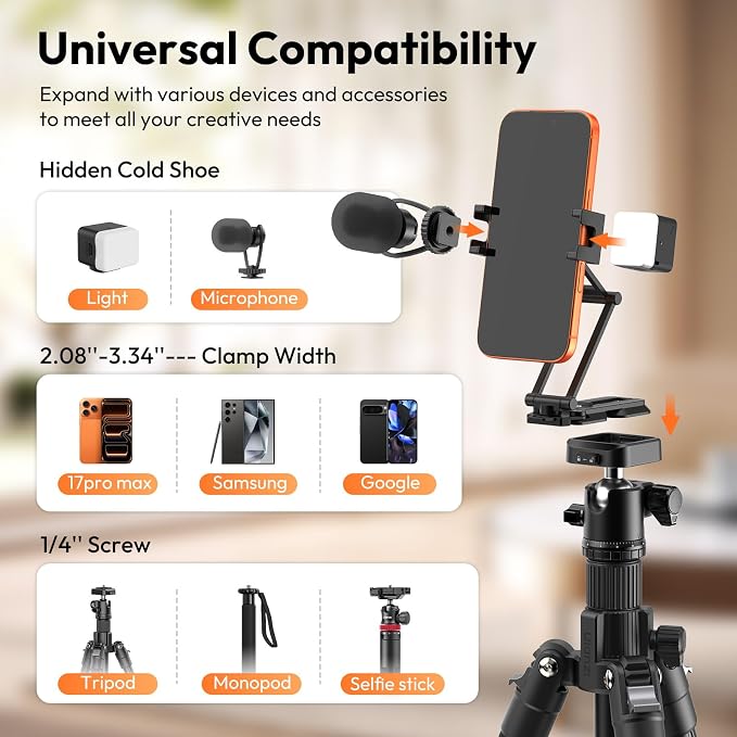 ULANZI Phone Tripod Mount with Arca Uka Base, Foldable Mini Tripod with 2 Cold Shoes Handheld Grip Compatible with iPhone17/16/15/ Android, Metal Phone Clamp for Desktop Vlogging Travel