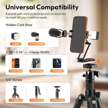 ULANZI Phone Tripod Mount with Arca Uka Base, Foldable Mini Tripod with 2 Cold Shoes Handheld Grip Compatible with iPhone17/16/15/ Android, Metal Phone Clamp for Desktop Vlogging Travel