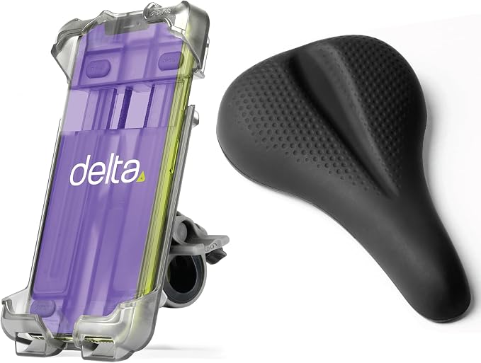 Delta Bicycle Phone Mount and HexAir Touring Peloton Seat Cushion Bundle Cycle - Bike Phone Mount Handlebar Fits Any Phone Or iPhone Up to 3.5" x 7.8" - Bike Seat Cover with Innovative Hexair Tech
