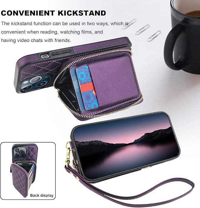Bocasal Crossbody Wallet Case for iPhone 13 Pro Max, RFID Blocking PU Leather Zipper Handbag Purse Flip Cover, Kickstand Folio Case with Card Slots Holder Wrist Strap Lanyard 5G 6.7 Inch (Dark Purple)