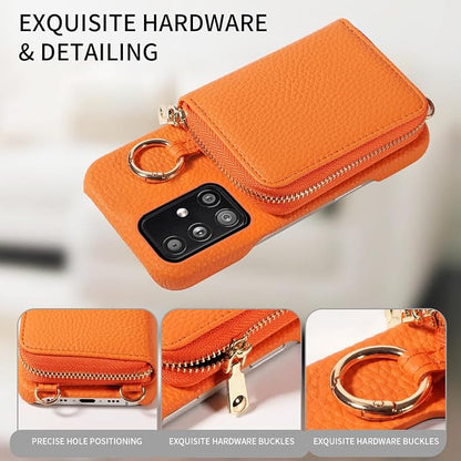Wallet Case for Samsung Galaxy A51 5G/A 51 5G UW Verizon Shoulder Strap Ring Buckle PU Leather Zipper Flip Organ Purse Credit Card Holder Stand Full Body Cell Phone Cover for 51A G5 S51 Orange