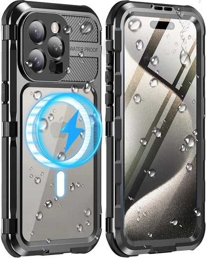 WIFORT for iPhone 15 Pro Max Waterproof Case - Metal Shockproof Phone Case Built-in Screen Protector [IP68 Water Proof][14FT Military Grade ], Heavy Duty Full Body Drop Protection Cover, 6.7" Black