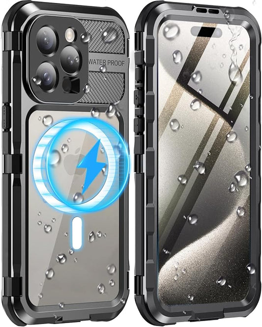 WIFORT for iPhone 15 Pro Max Waterproof Case - Metal Shockproof Phone Case Built-in Screen Protector [IP68 Water Proof][14FT Military Grade ], Heavy Duty Full Body Drop Protection Cover, 6.7" Black